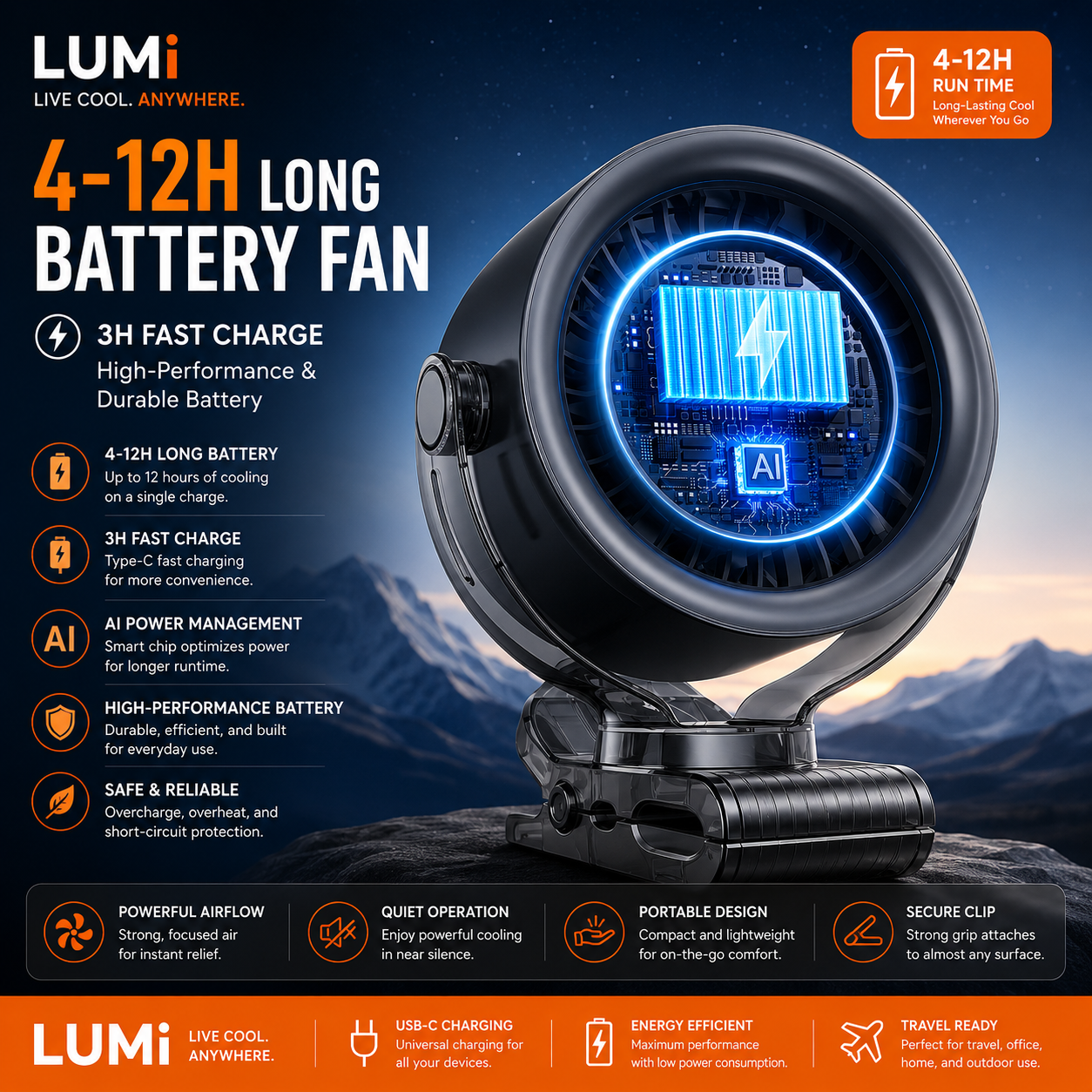 LUMI™ Portable 100 Speed Clip-On Fan