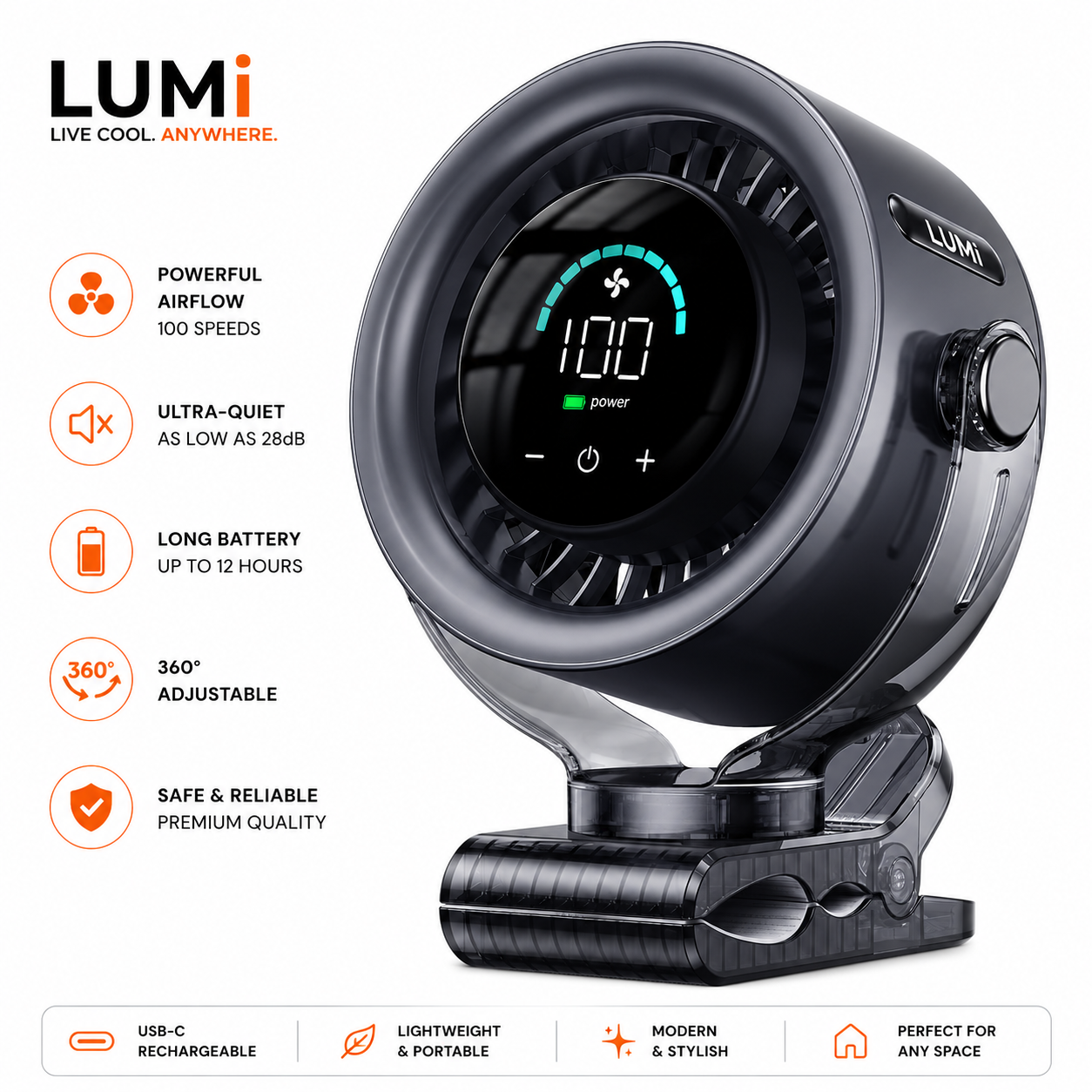 LUMI™ Portable 100 Speed Clip-On Fan