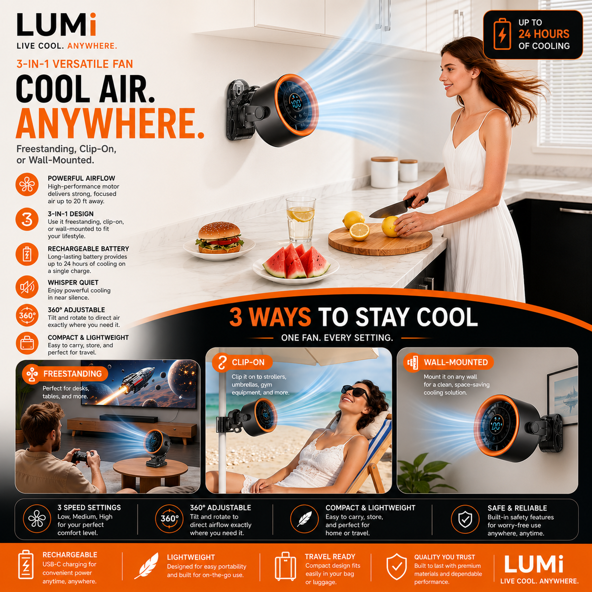 LUMI™ Portable 100 Speed Clip-On Fan