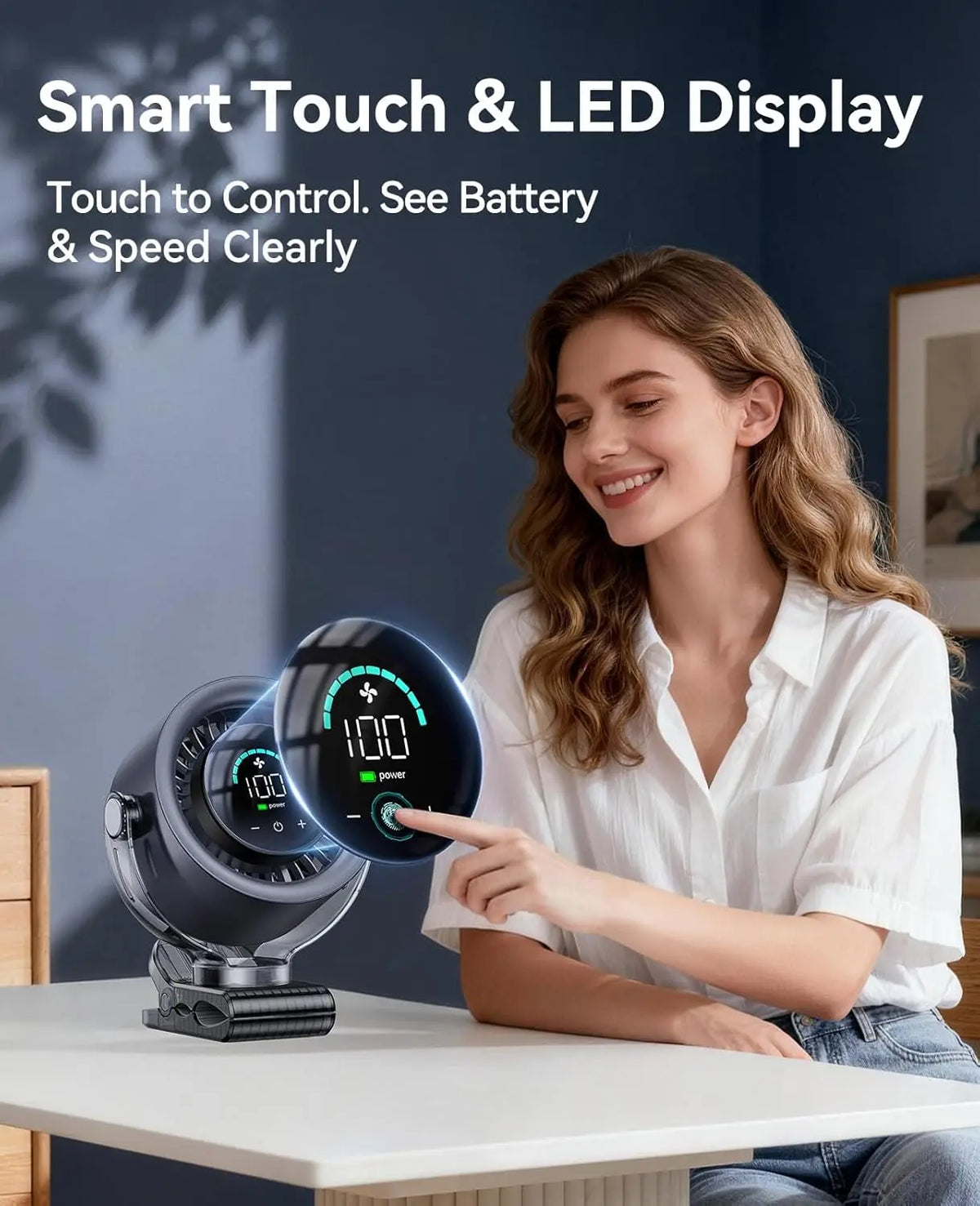 Portable Clip on Fan with 100-Speed Touch Control, 12H Rechargeable Battery, Ultra-Quiet Turbo Motor, LED Display & 360°